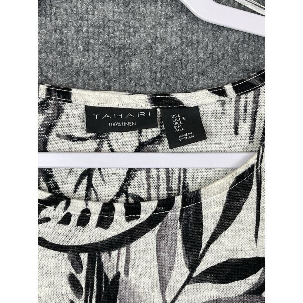 Tahari 100% Linen Top Large Black White Short Sleeve Leaf Print Coastal Beachy - Picture 2 of 8
